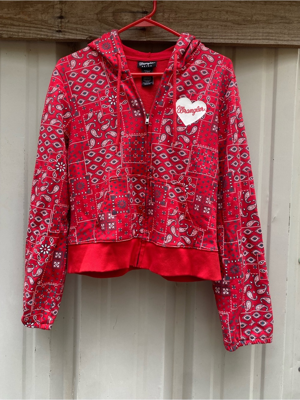 Wrangler Retro Red Paisley Bandana Print Crop Zip Up Hoodie Jacket L